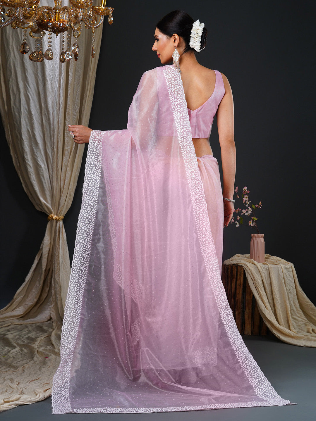 NOZ2TOZ Women's Organza Pink Embroidered Designer Saree With Blouse Piece - Distacart