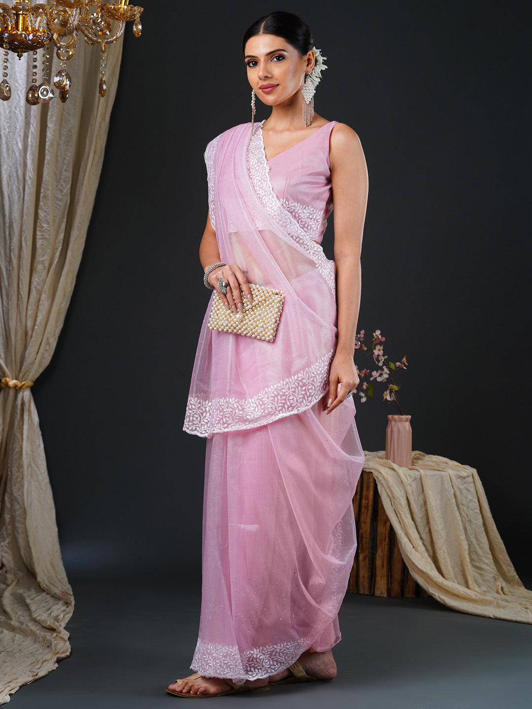 NOZ2TOZ Women's Organza Pink Embroidered Designer Saree With Blouse Piece - Distacart