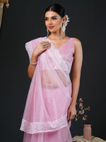 Thumbnail for NOZ2TOZ Women's Organza Pink Embroidered Designer Saree With Blouse Piece - Distacart