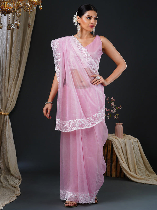 NOZ2TOZ Women's Organza Pink Embroidered Designer Saree With Blouse Piece - Distacart
