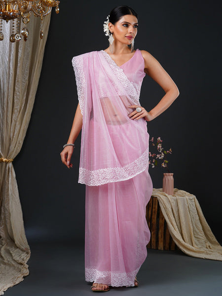 NOZ2TOZ Women's Organza Pink Embroidered Designer Saree With Blouse Piece - Distacart