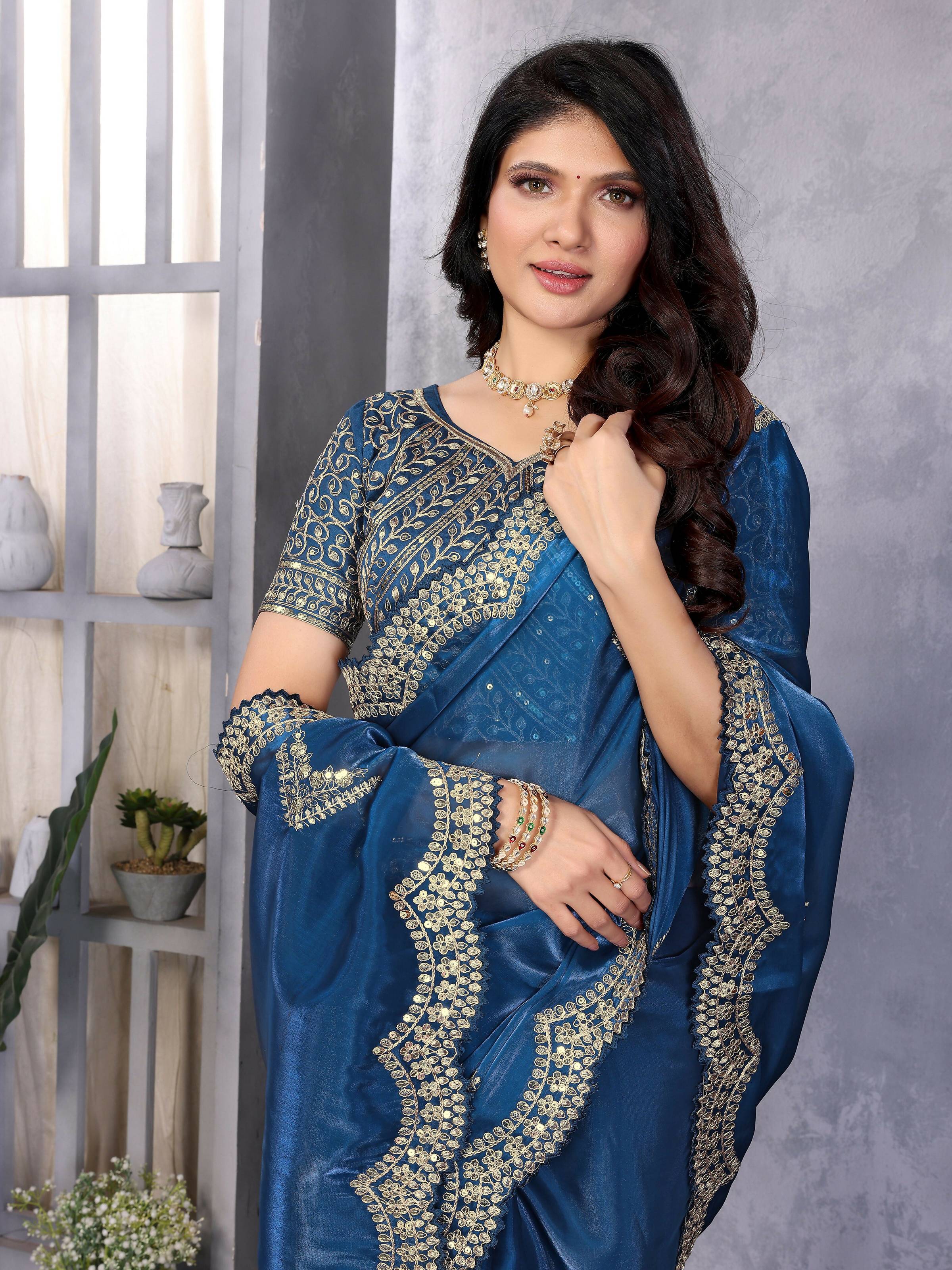 Vastranavya Blue Embroidery Work Shimmer Chiffon Saree with Unstitched Blouse