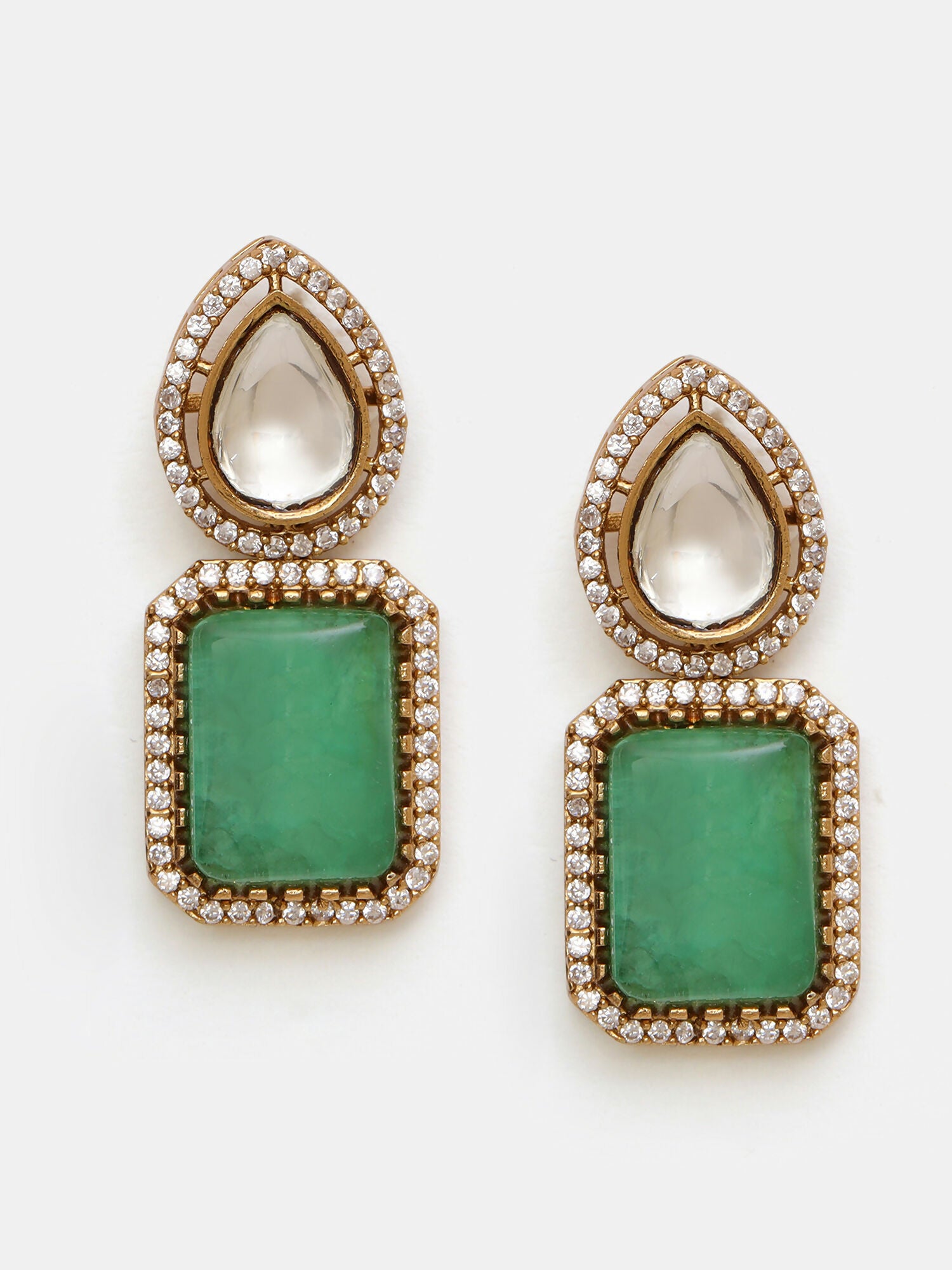 Ruby Raang 22k Gold Polished Green Stone And Moissanite Necklace With Matching Earrings