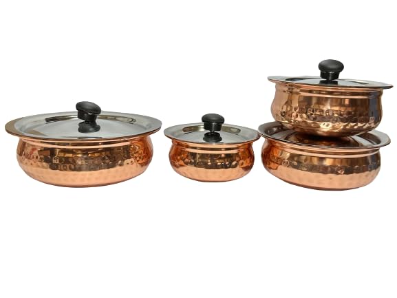 Dynore Stainless Steel Copper Plated Hammered Finish Handi Set with SS lid- Set of 4 - Dista