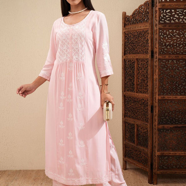 Vishudh Ethnic Motifs Embroidered Thread Work Straight Kurta With Palazzos - Distacart
