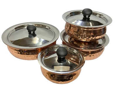 Dynore Stainless Steel Copper Plated Hammered Finish Handi Set with SS lid- Set of 4 - Dista