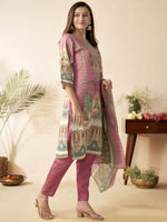 Thumbnail for Anouk Pink Floral Printed Mirror Work Straight Kurta With Trousers & Dupatta