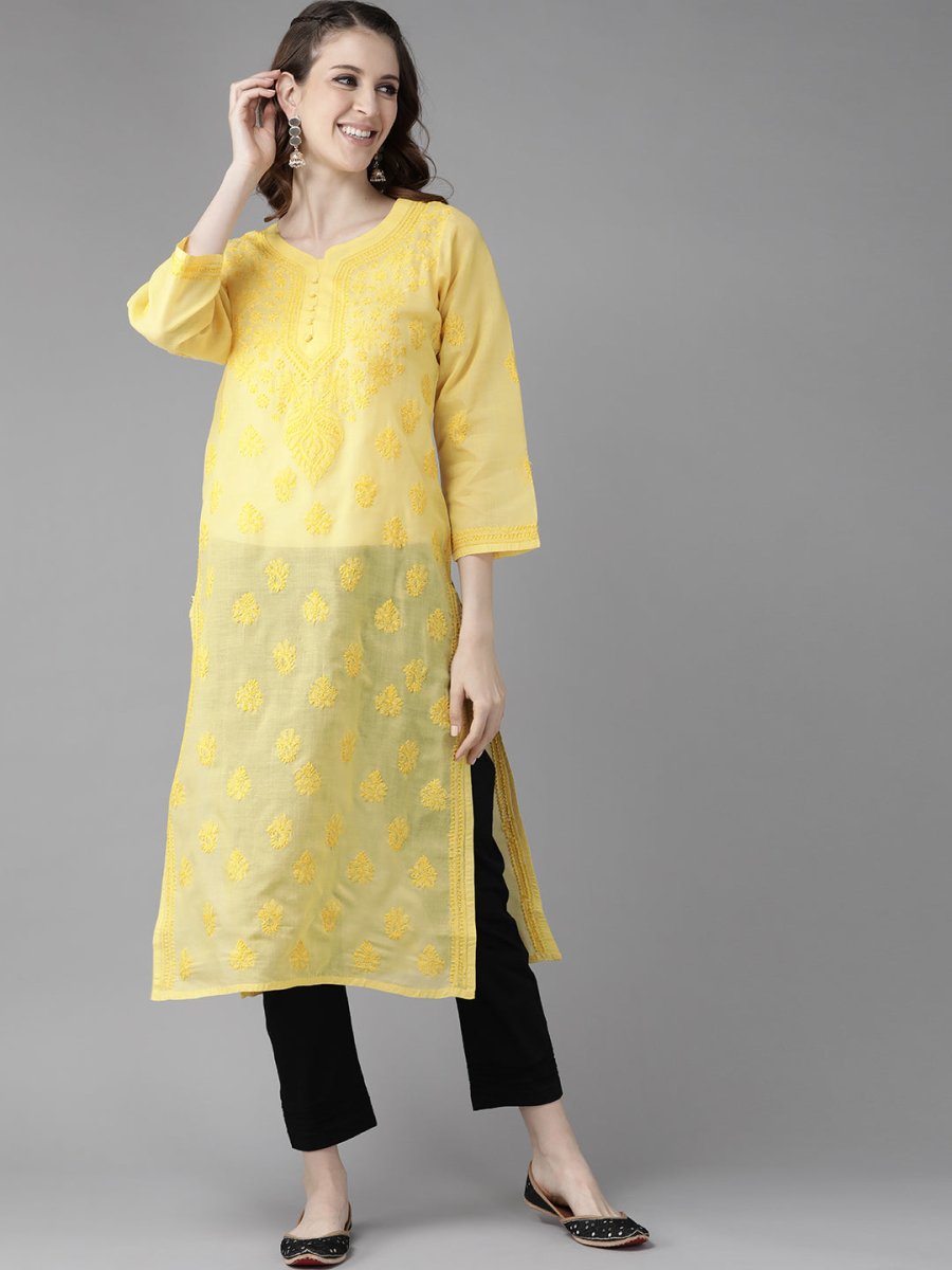 ADA Women Yellow & Black Chikankari Embroidered Handloom Kurta with Cotton Trousers - Distacart