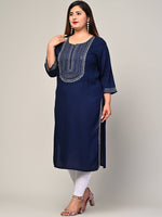 Thumbnail for Swasti Women Navy Blue Striped Thread Work Floral Kurta - Distacart