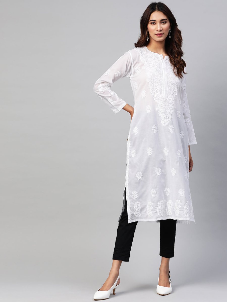 ADA Women White & Black Chikankari Embroidered Sustainable Handloom Kurta with Trousers - Distacart