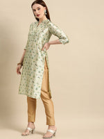 Thumbnail for All About You Women Sea Green Floral Block Print Mandarin Collar Chanderi Silk Blend Kurta - Distacart
