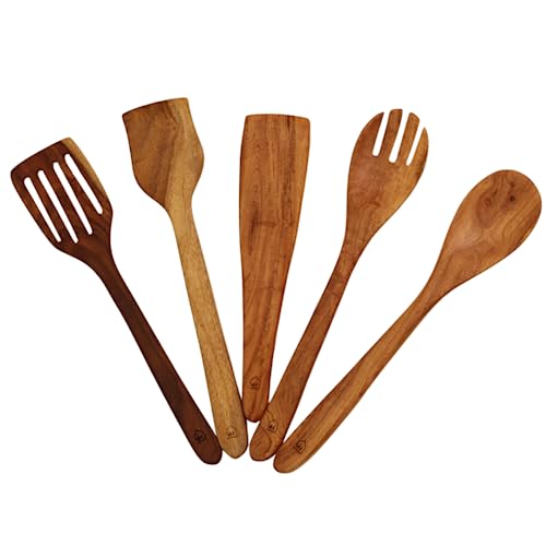 Vesta Homes Neem Wood Spoon/Compact Flip/Spatula/Ladle for Cooking Dosa/Roti/Chapati | Kitchen Tools | No Harmful Polish | Naturally Non-Stick | Handmade | Height- 12inch (Set of 5)