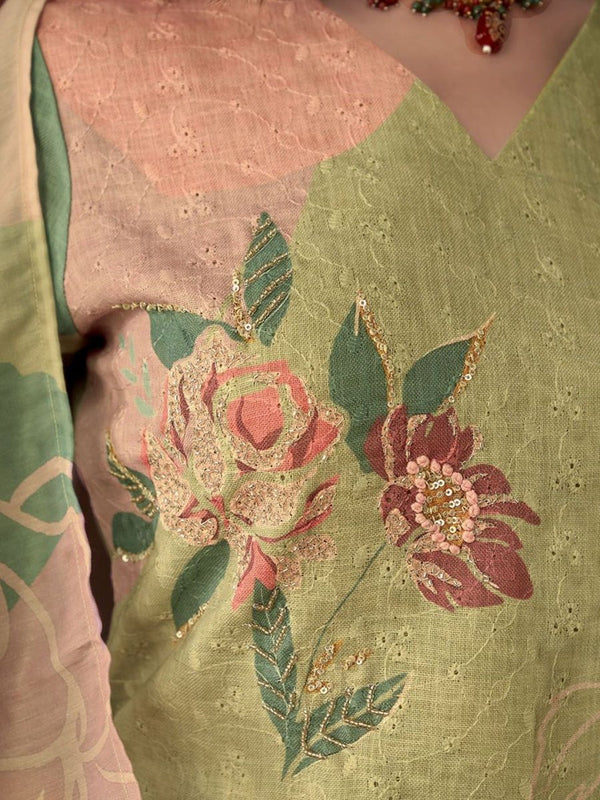 Anouk Green Floral Embroidered Beads & Stones Linen Kurta with Trousers & Dupatta