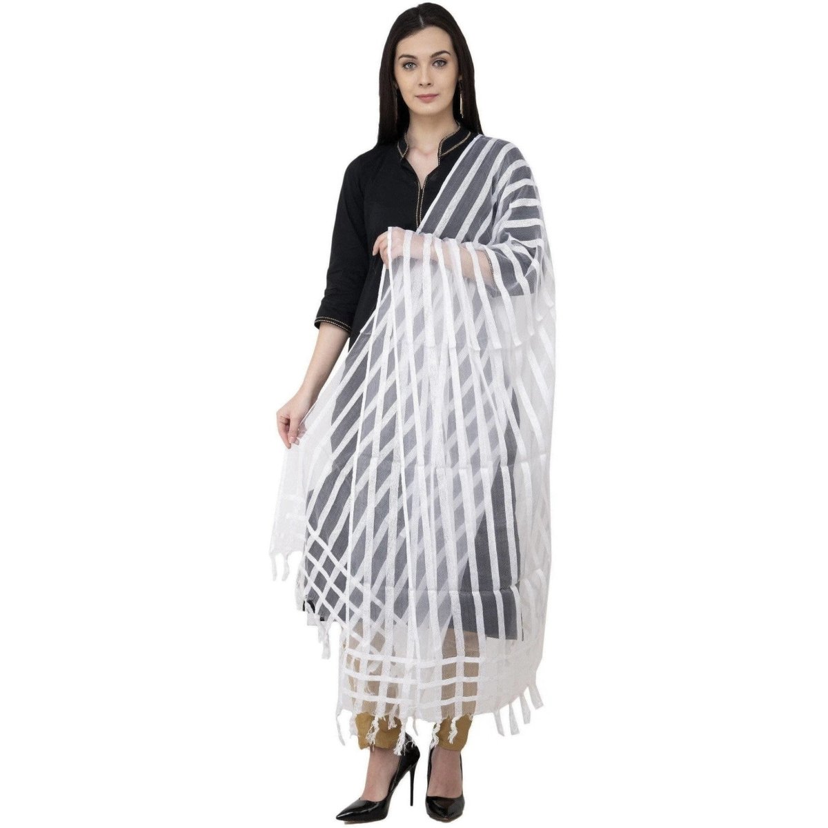 A R SILK Moti Luv Luv Stripe Regular Dupatta White Color Dupatta or Chunni
