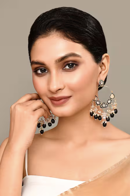 New Stylish Ethnic Partywear Black Hoops Kundan Earrings for Womens by House of Ree - Distacart