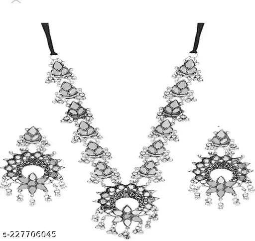 Tehzeeb Creations Women's Silver Colour Oxidised Necklace Set With Mirror Design - Distacart