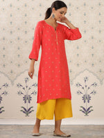 Thumbnail for Ode by House of Pataudi Red & Yellow Ethnic Motif Printed Notched Neck Kurta With Palazzos - Distacart