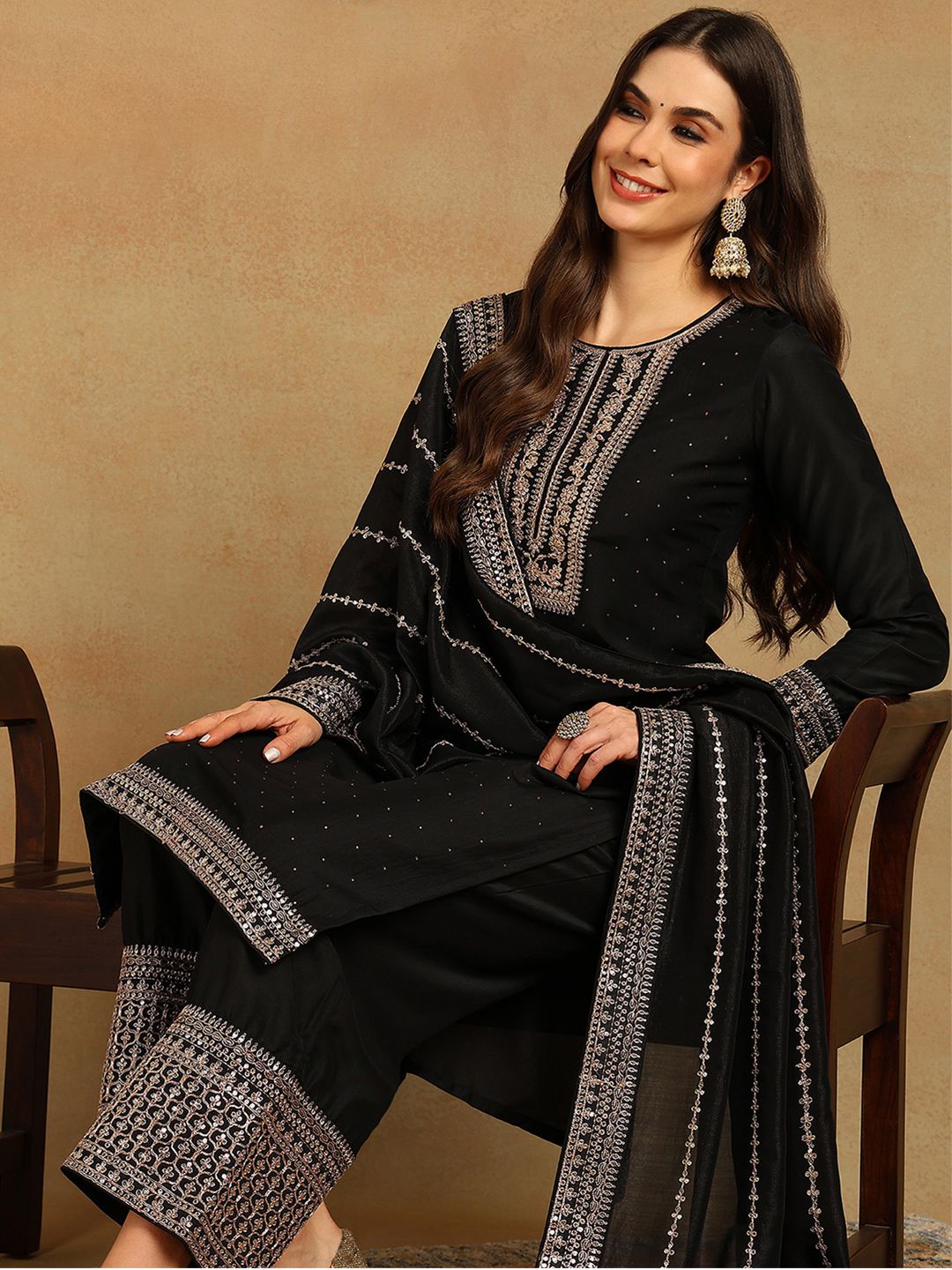 Kalini Ethnic Motifs Embroidered Regular Sequinned Kurta with Palazzos & Dupatta - Distacart