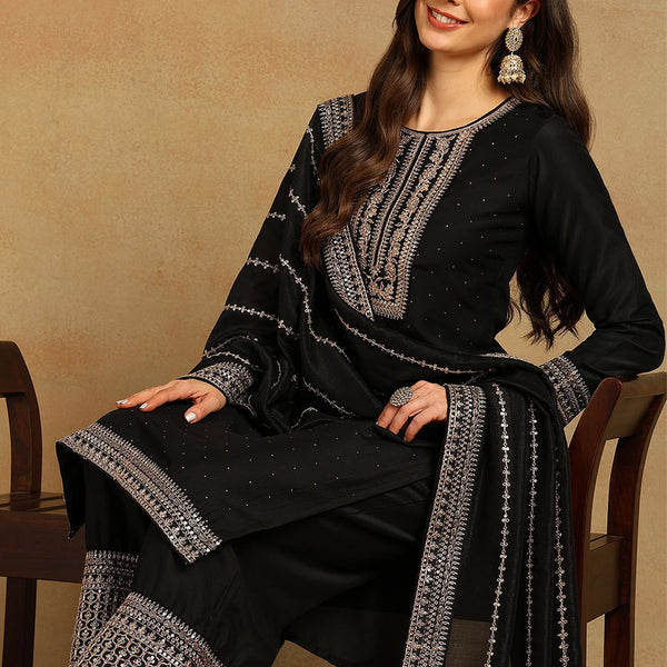 Kalini Ethnic Motifs Embroidered Regular Sequinned Kurta with Palazzos & Dupatta - Distacart