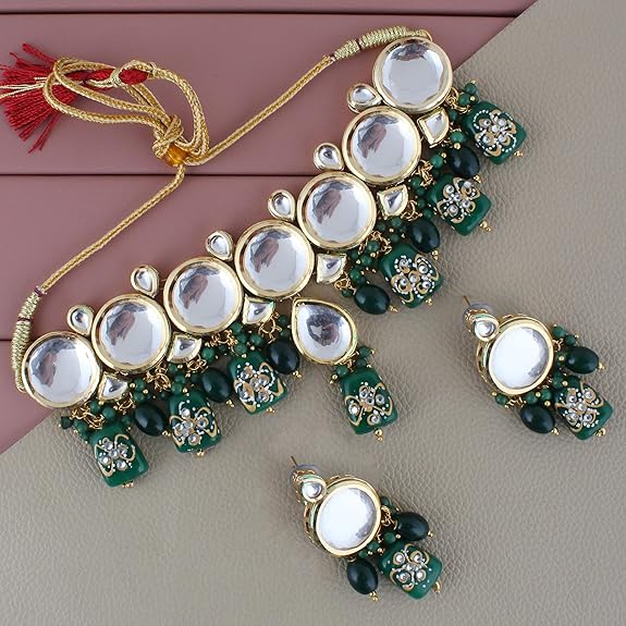 Tehzeeb Creations Back Meenakari Gold-Polished Earring Jewellery Set Uncut Kundan Big Faux Kundan Dibbi Kundan Choker Necklace Set - Distacart