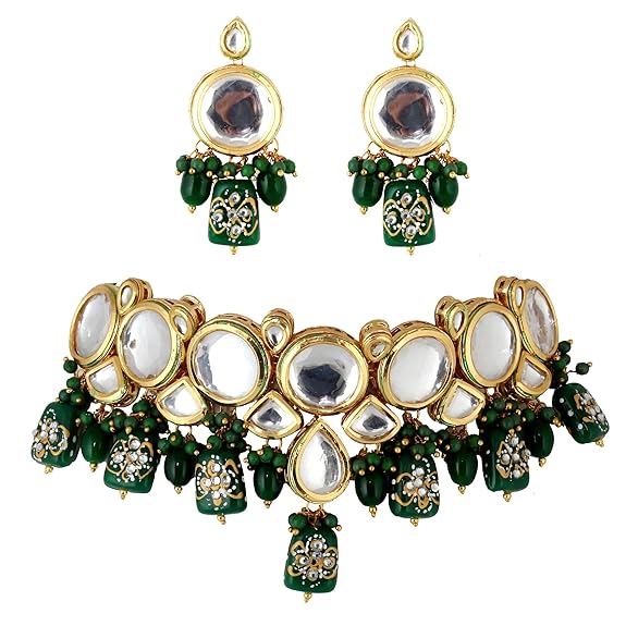 Tehzeeb Creations Back Meenakari Gold-Polished Earring Jewellery Set Uncut Kundan Big Faux Kundan Dibbi Kundan Choker Necklace Set - Distacart