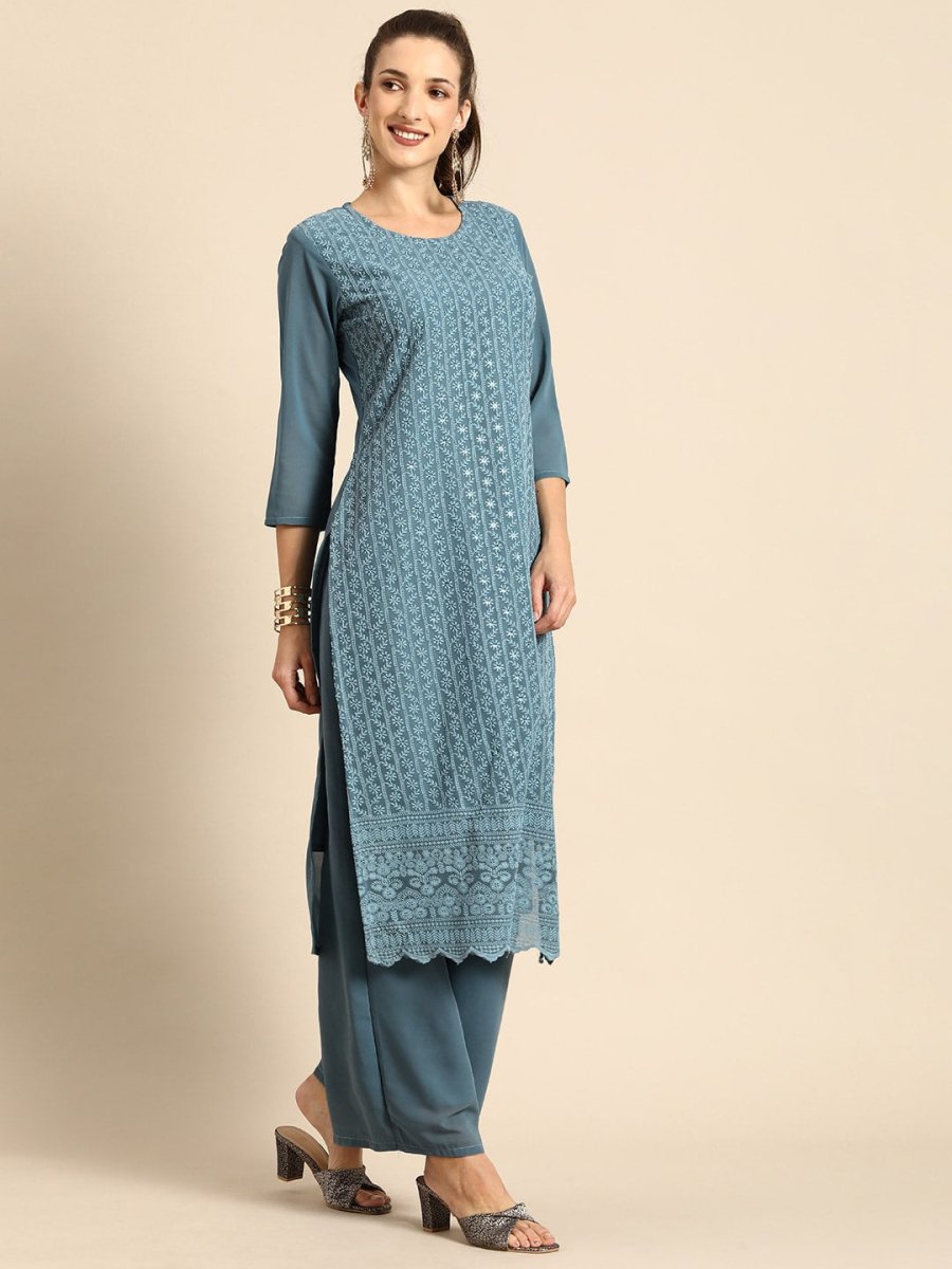 All About You Women Grey Ethnic Motifs Embroidered Regular Chikankari Kurta with Palazzos - Distacart