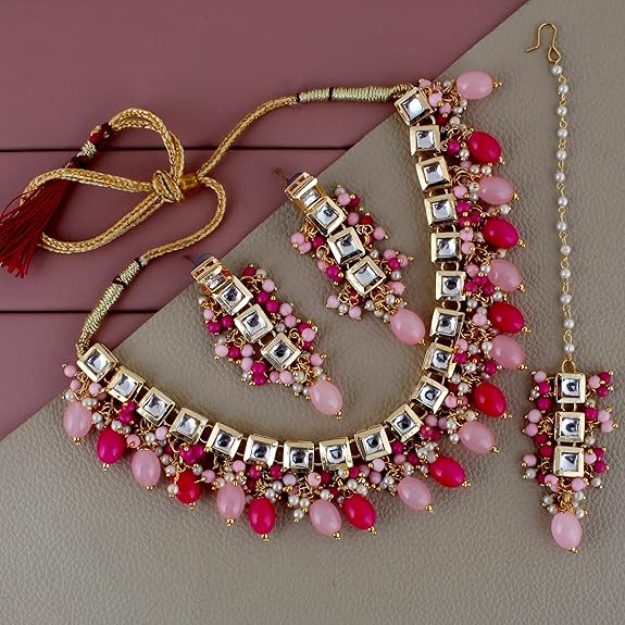 Tehzeeb Creations Back Meenakari Gold-Polished Square Shape Tika Earring Jewellery Set Uncut Kundan Big Faux Kundan Dibbi Kundan Choker Necklace Set