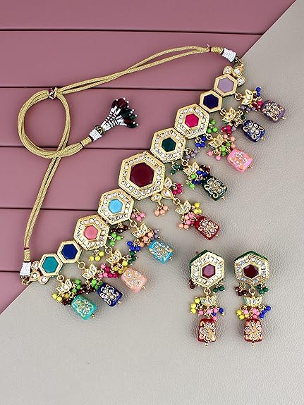 Tehzeeb Creations Back Meenakari Gold-Polished MultiColor Tika Earring Jewellery Set Uncut Kundan Choker Necklace Set - Distacart