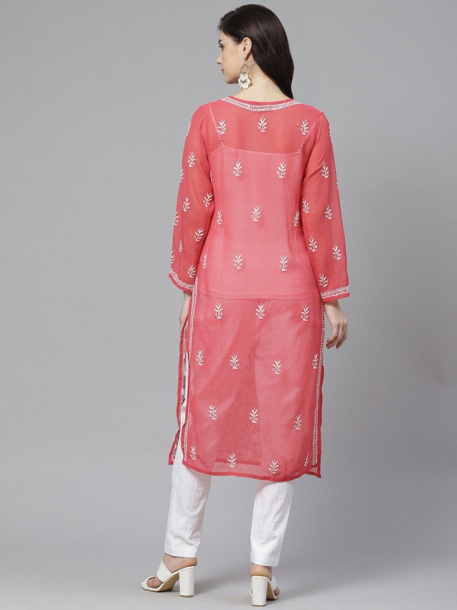 ADA Women Pink & White Chikankari Embroidered Sustainable Handloom Kurta with Trousers - Distacart