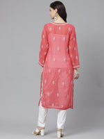 Thumbnail for ADA Women Pink & White Chikankari Embroidered Sustainable Handloom Kurta with Trousers - Distacart