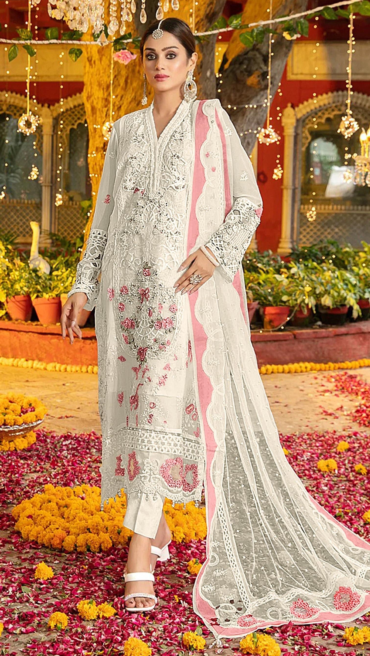 Anaita White & Pink Chiffon Suit with Embroidery & Sequence Work - Distacart
