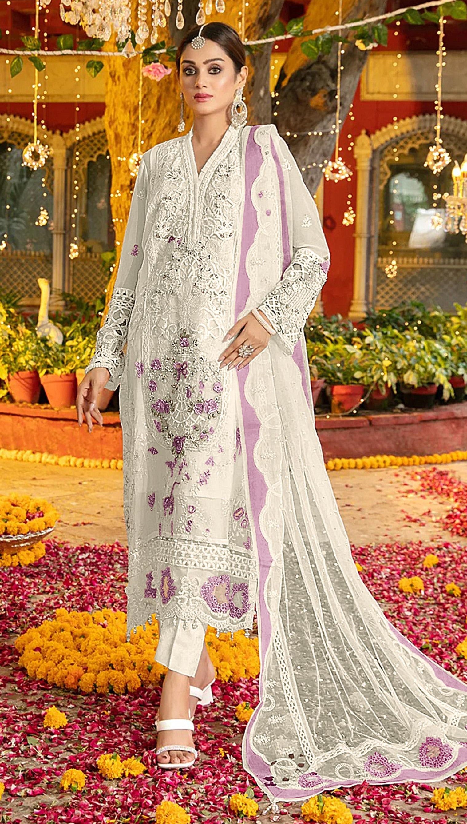 Anaita White & Purple Chiffon Suit with Embroidery & Sequence Work - Distacart