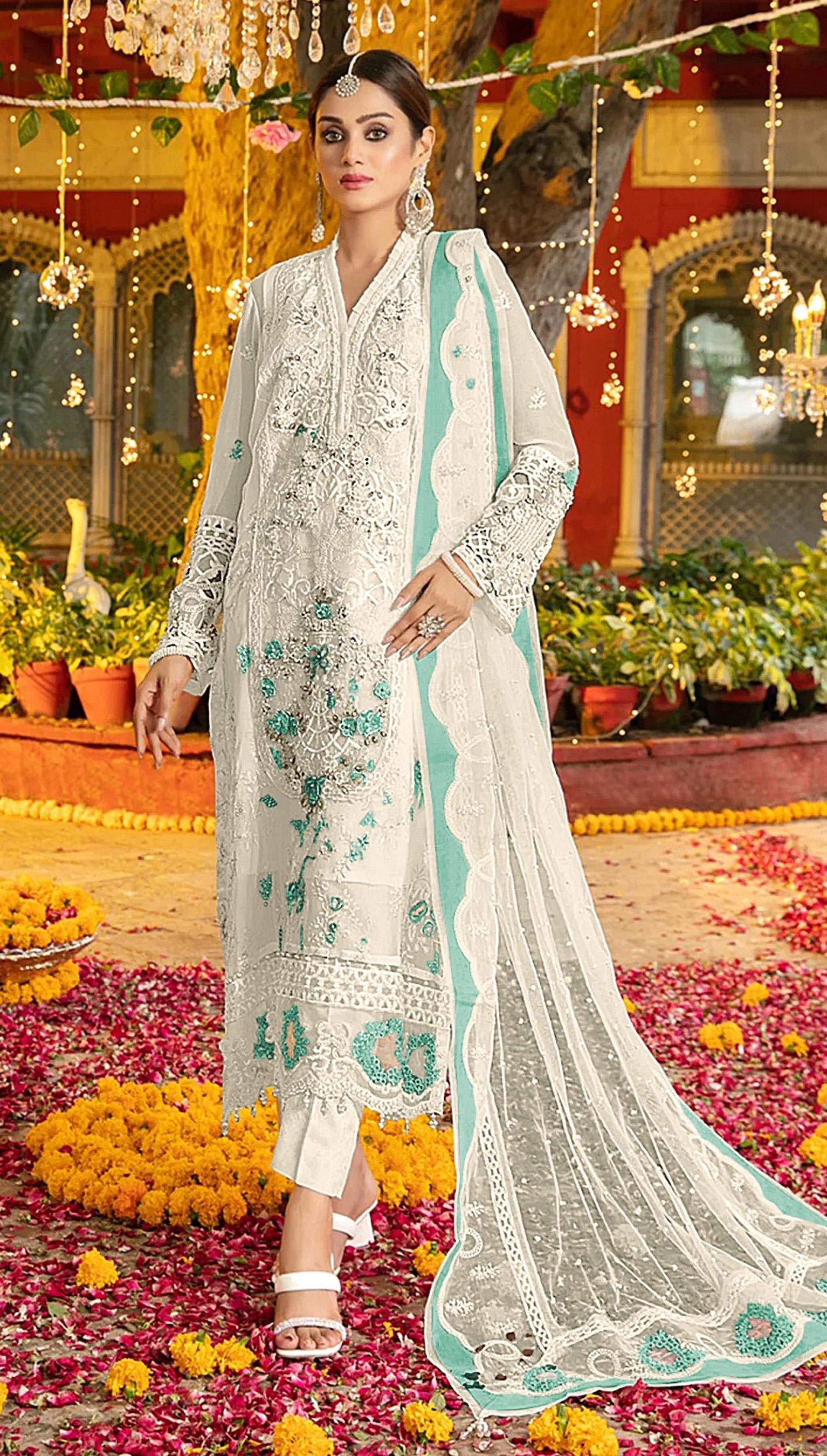 Anaita White & Blue Chiffon Suit with Embroidery & Sequence Work - Distacart