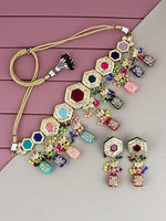 Thumbnail for Tehzeeb Creations Back Meenakari Gold-Polished MultiColor Tika Earring Jewellery Set Uncut Kundan Choker Necklace Set - Distacart