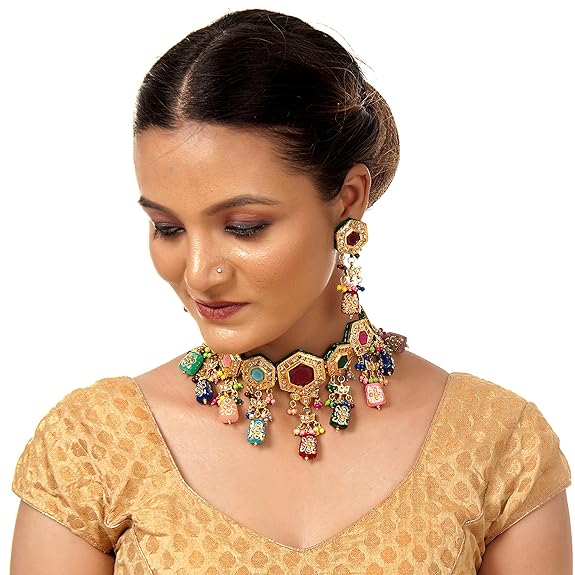 Tehzeeb Creations Back Meenakari Gold-Polished MultiColor Tika Earring Jewellery Set Uncut Kundan Choker Necklace Set - Distacart