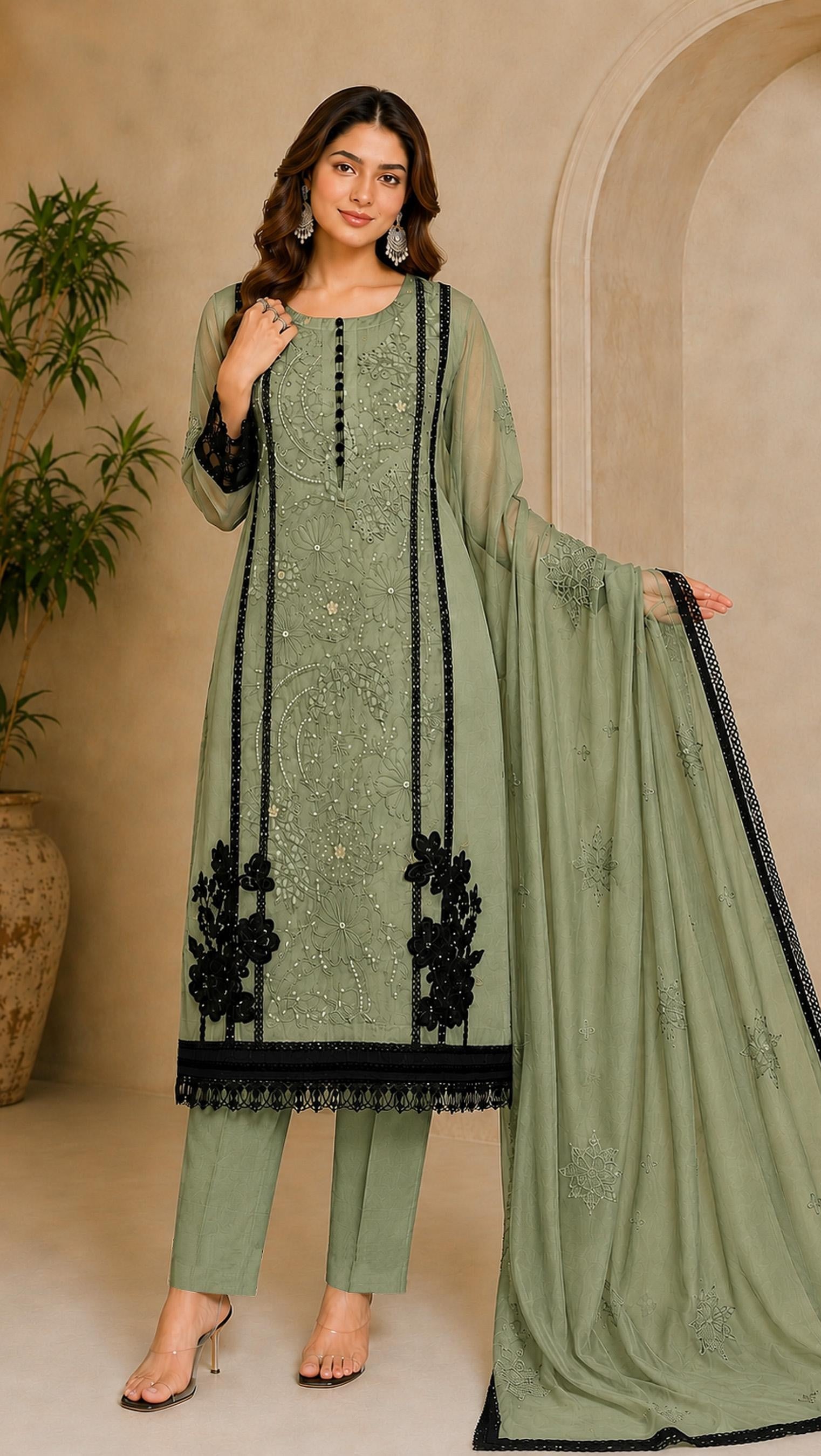 Anaita Mehendi Organza Semi Stitched Suit with Embroidery & Cut Sequence Work - Dista