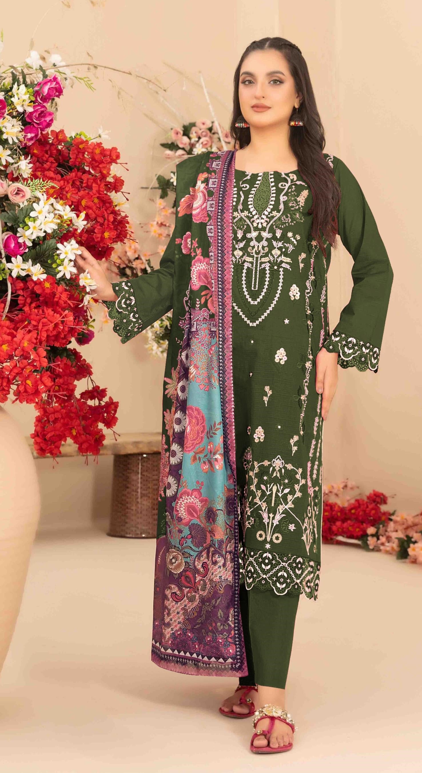 Anaita Mehendi Cambric Cotton Suit With Embroidered & Khatli Work - Distacart