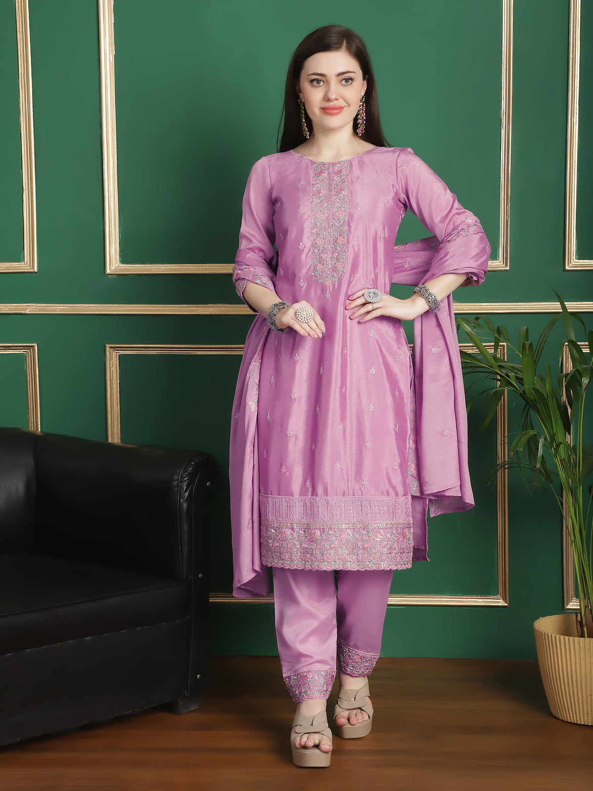 Stylee Lifestyle Pink Chinon Chiffon Embroidered Dress Material