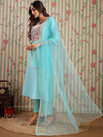Thumbnail for Ode by House of Pataudi Floral Embroidered Notch Neck Kurta With Trousers And Dupatta - Distacart