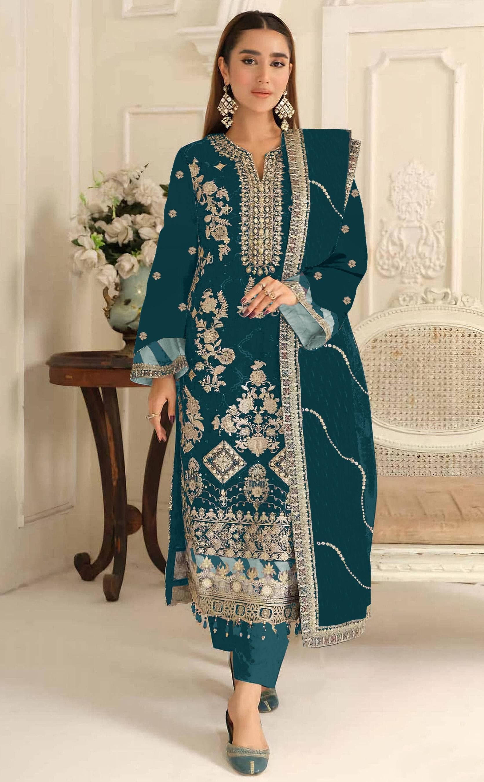 Anaita T Blue Rangoli Silk Suit with Embroidery & Sequence Work - Distacart