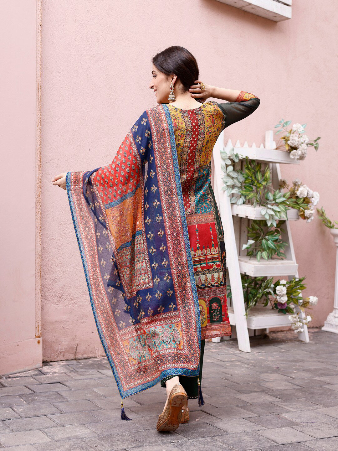 Kalini Round Neck Ethnic Motifs Printed Regular Thread Work Chanderi Silk Kurta Set - Distacart