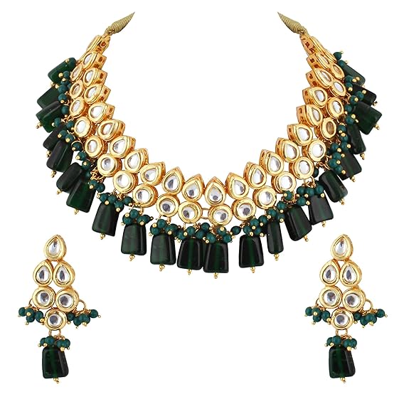 Tehzeeb Creations Back Meenakari Gold-Polished Tika Earring Combo Uncut Big Faux Kundan Choker Necklace set - Distacart