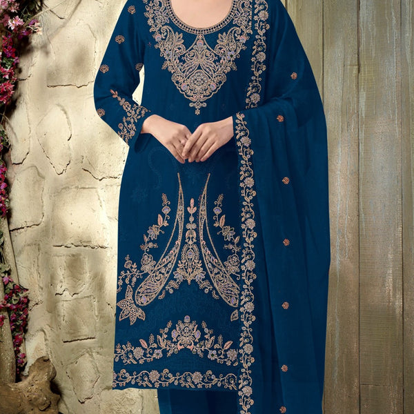 Anaita Teal Blue Velvet Suit With Embroidery Codding Work - Distacart