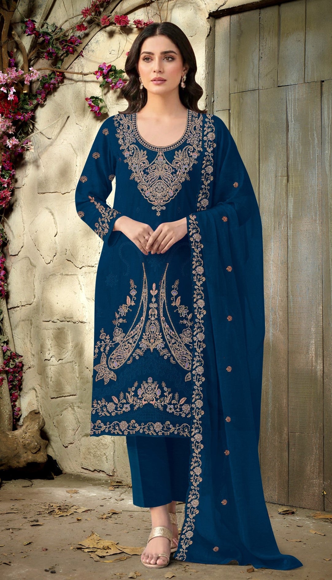 Anaita Teal Blue Velvet Suit With Embroidery Codding Work - Distacart