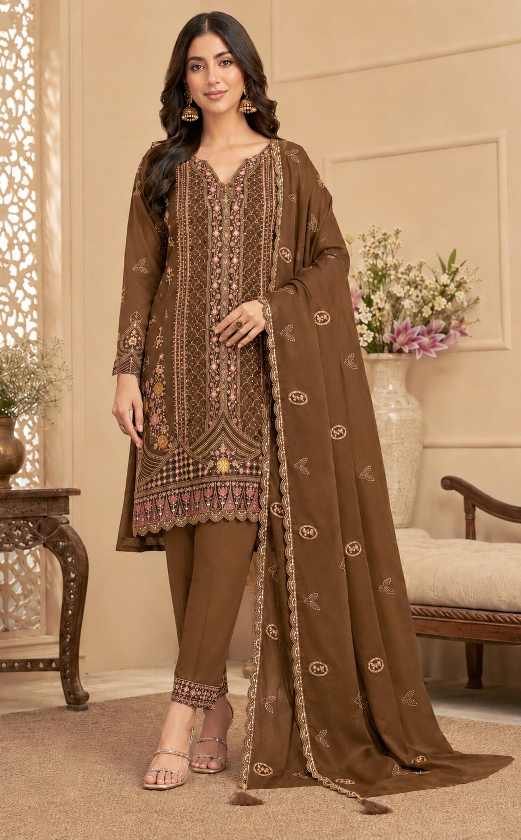 Anaita Brown Silk Semi Stitched Suit with Embroidery & Sequence Work - Dista