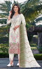 Thumbnail for Anaita White & Mehendi Silk Suit with Embroidery & Sequence Work - Distacart