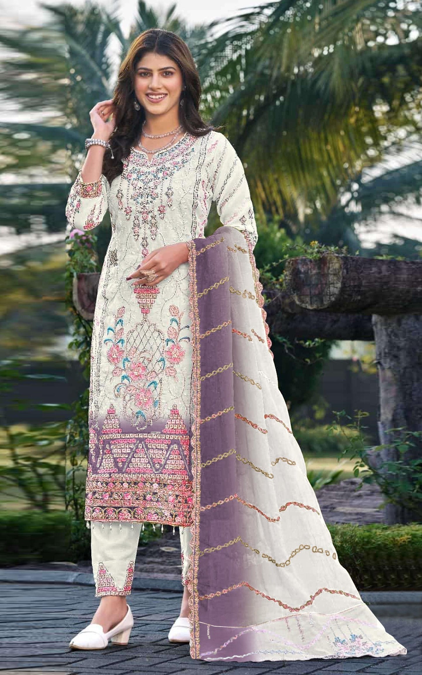 Anaita White & Lavender Silk Suit with Embroidery & Sequence Work - Distacart