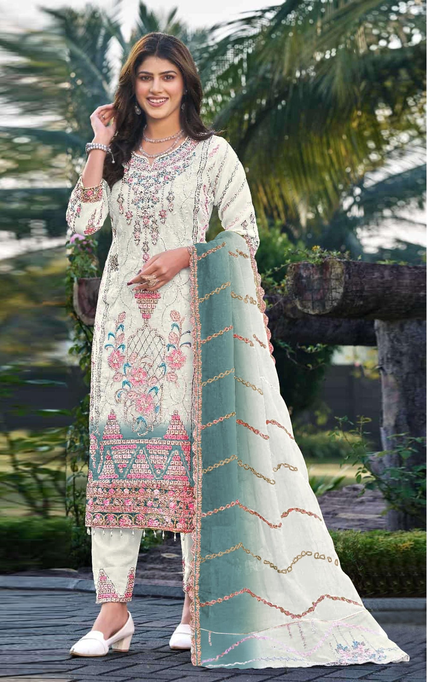 Anaita White & Blue Silk Suit with Embroidery & Sequence Work - Distacart