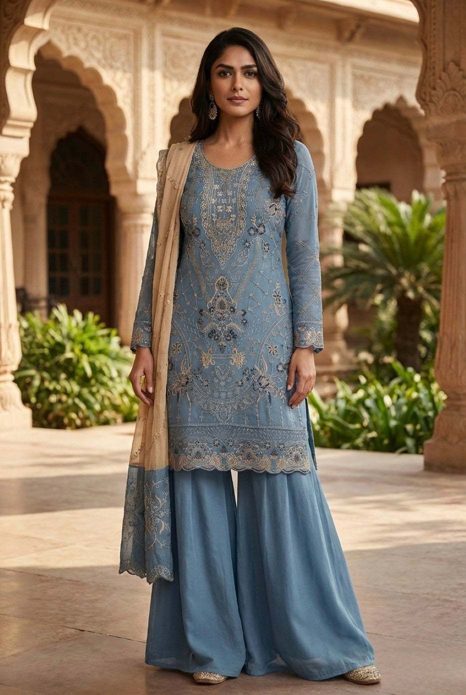 Anaita Blue Silk Suit with Embroidery & Khatli Work - Dista