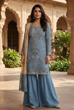 Thumbnail for Anaita Blue Silk Suit with Embroidery & Khatli Work - Dista